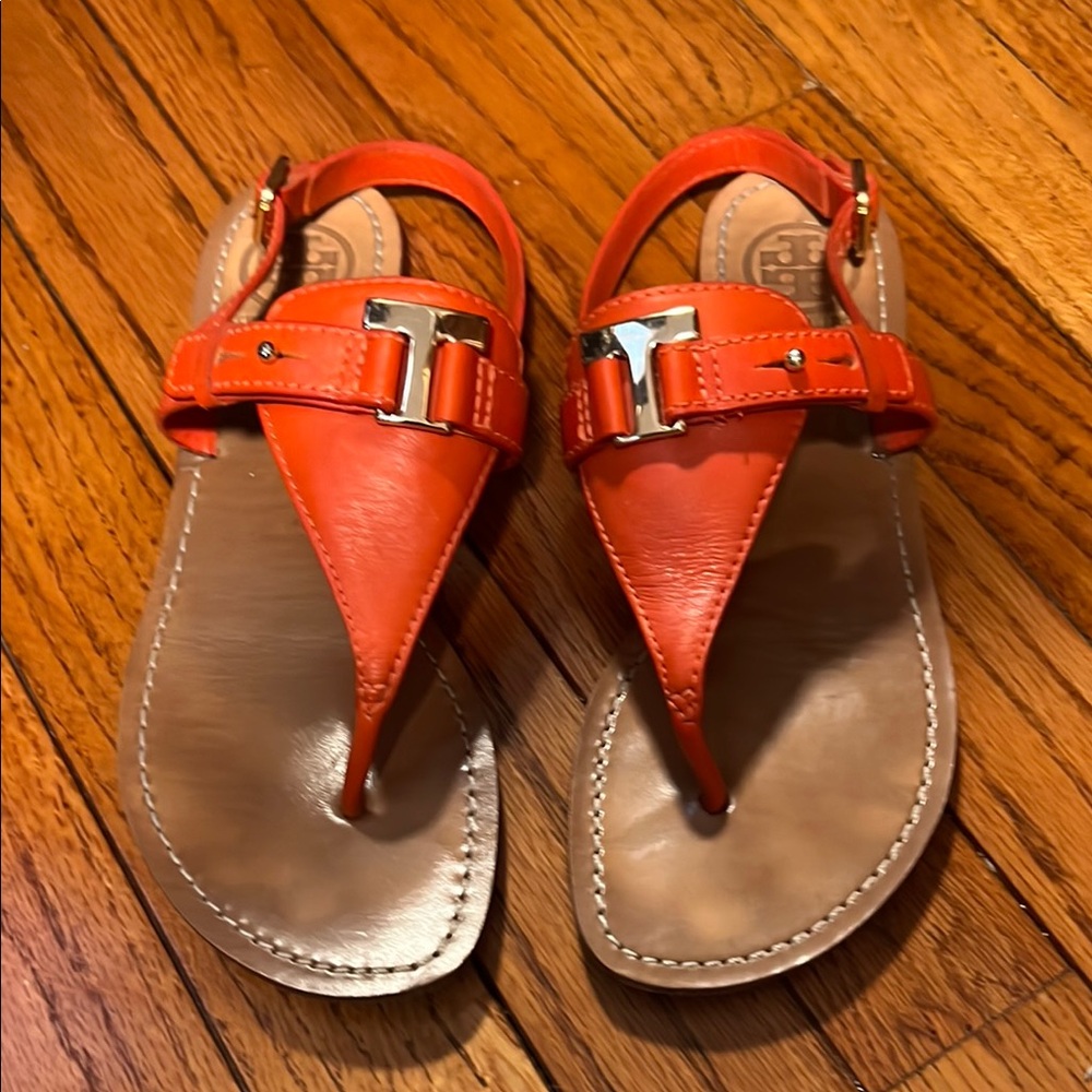 Tory Burch Orange Brown Sandals with Adjustable Buckle